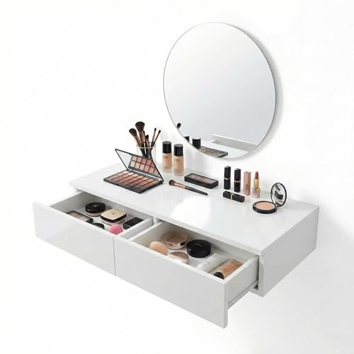 Kikbo Wall Mounted Floating Vanity Desk with 2 Storage Drawers Modern MDF Makeup Table 39.4 x 15.7 x 5.9 in (100 x 40 x 15 cm) Space-Saving Makeup Table for Bedroom or Small Spaces (White)