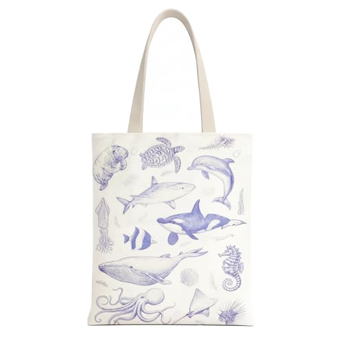 MOLOVA 1-PACK Canvas Tote Bag, Multi-Fish Print Reusable Shopping Bag