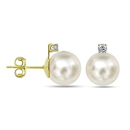 Freshwater Cultured White Pearl Diamond Earrings 14K Yellow Gold Studs 1/50 CTTW 7-7.5mm