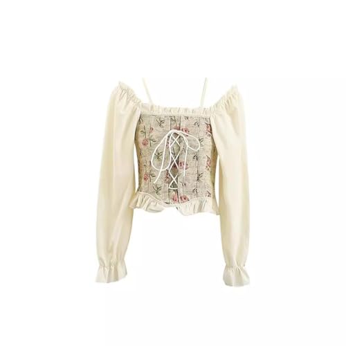 Image of ICW Women Korean Retro Style Vintage Floral Jacquard Lace-Up Off-The-Shoulder Smock Puff Sleeve Ruffled Crop Blouse Corset Top Dn81 (One Size XS-S) 2403