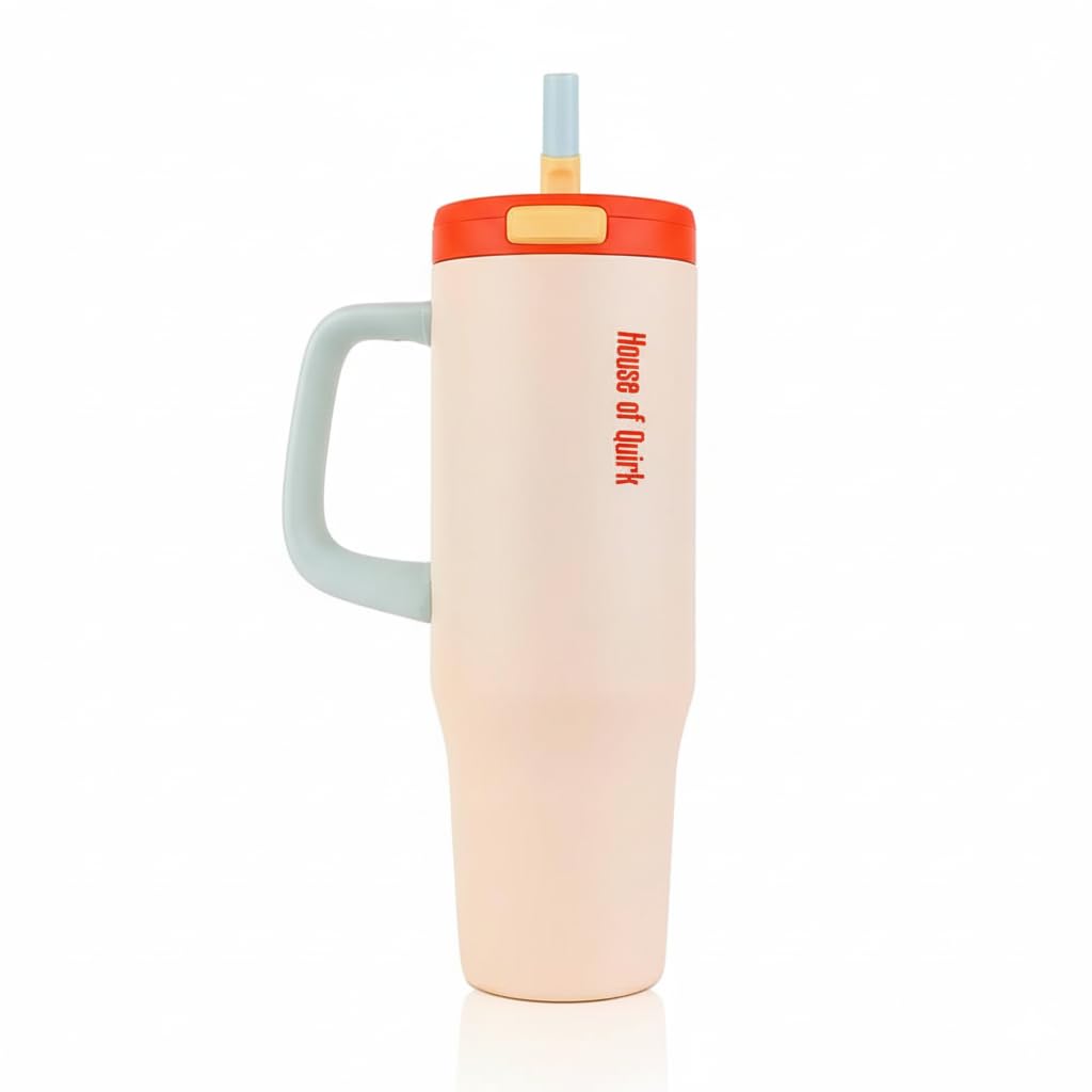 House of Quirk 1200ML Stainless Steel Tumbler with Handle & Pop-Up Lid, Leakproof Travel Cup, Fits Car Cup Holder (Caramel)
