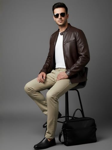 Image of LIVE IN Mens Tan Cotton Blend Slim Fit Casual Solid Trousers