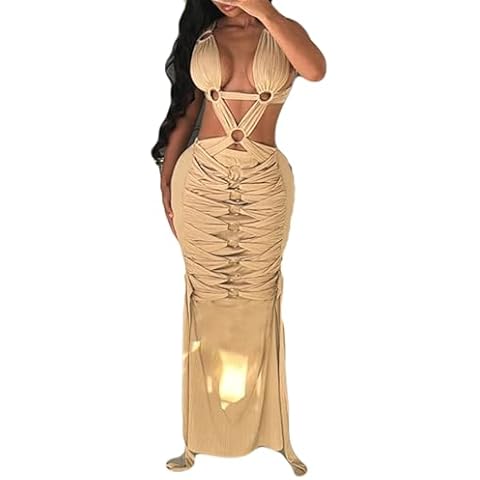 Womens Sexy Sleeveless Wrapped Chest Solid Color Hollow Lace Up Maxi Dress Evening Formal Dress Cover