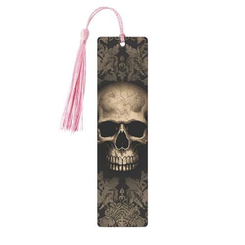 Marque-page gothique en métal fait à la main avec motif tête de mort - Marque-pages imprimés double face avec pompons roses - Cadeau pour les amateurs de livres - Cadeau pour les amateurs de livres