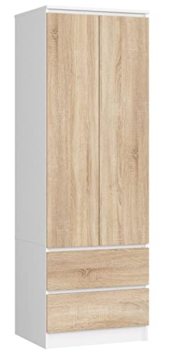 AKORD Armoire 2 Portes | Armoir Chambre 2 Tiroirs 2 Etagères et Une Tringle | L60 x H180 x P51 cm | Panneau Stratifié 16mm | Armoire sans Penderie Chambre |...