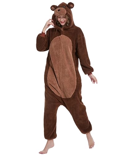 Solvienne Adult Bear Animal Onesie Zip Up Flannel One Piece Pajamas with Pockets for Men and Women Halloween Costume Cosplay Loungewear