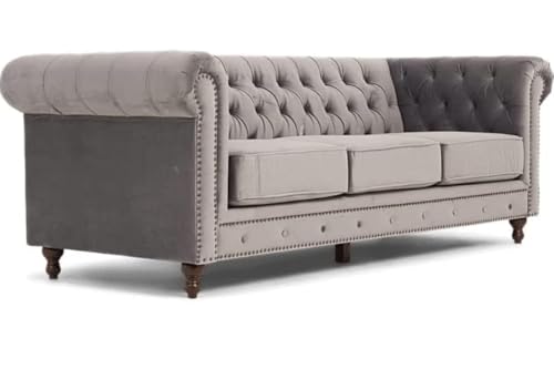 Image of Modern and Stylish 3 Seater Chesterfield Luxury Sofa with Valvet and Fabric Comfortable Sofa for Living Room, Dining Room, Hallway, and Office-(Grey).