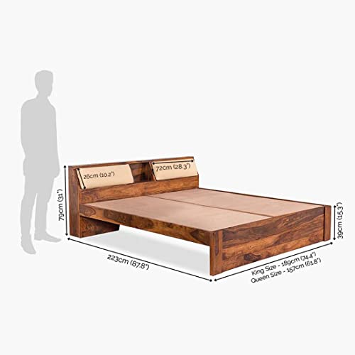 Image of Solid Sheesham Wood Queen Size Bed with Headboard Storage Wooden Double Bed Cot Palang for Bedroom Living Room Home Hotel - Honey Finish | 1 Year Warranty