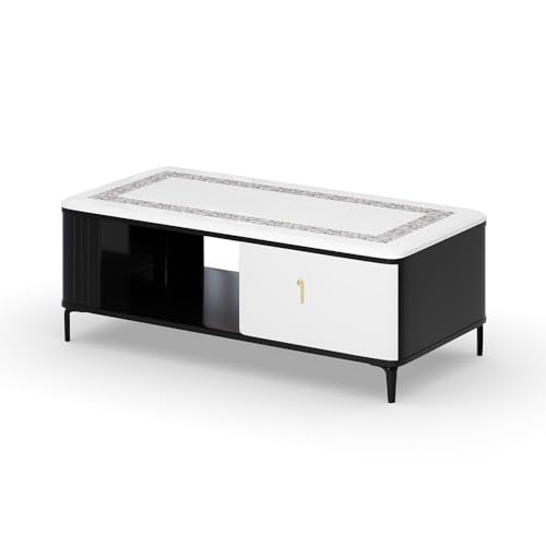 Image of Royaloak Miami American Marble Center Table for Living Room | Art Marble Metal Legs | High Reflective Finish | Telescopic Channel | Drawer Storage | Marble Top