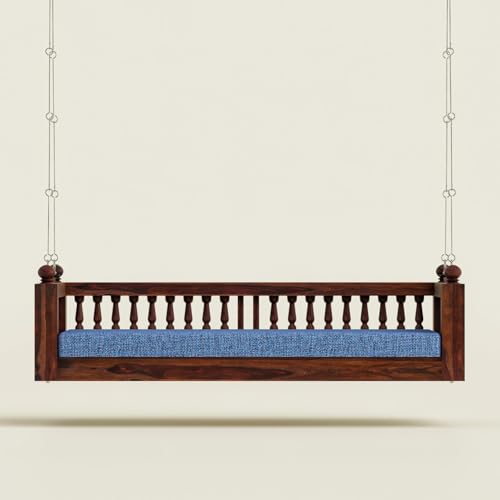 Image of Wooden Swing for Balcony | Sheesham Wood 3 Seater Jhula with Cushion, Heavy Duty Hanging Sofa Bench for Living Room, Indoor Traditional Indian Wooden Swing | Walnut Finish