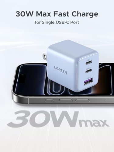 Image of UGREEN 3-Port 30W USB C Charger Block, GaN II Type C Fast Charging, Blue | 2 USB-C & 1 USB-A, Compact Size, Multiple Protection, for iPhone 17 /16 /15, Galaxy S26 /S25, iPad, MacBook Neo /Air