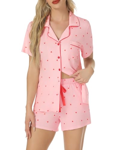 Image of Pjmlifecoco Women's Modal Pajama Set Short Sleeve Button Down Two Piece Soft Sleepwear with Shorts Loungewear S-XXL