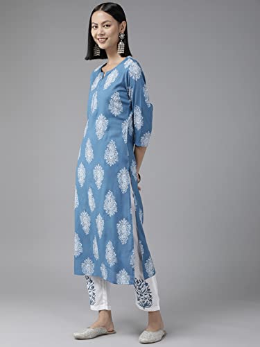 Image of YUFTA Women Sky Blue Floral Straight Kurta Trousers And Dupatta Set (1111SKDSB )