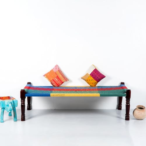Image of Solid Sheesham Wood Charpai Khat | Handcrafted Daybed Khatiya Charpai with Cotton Rope | Traditional Khat Bed Wooden Diwan Cot for Living Room | 6X3 Feet | Colorful 004 (Blue-Multi)