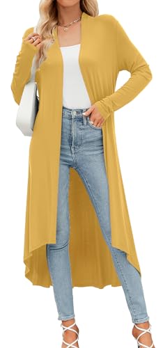 POGTMM Women's Long Open Front Drape Lightweight Duster High Low Hem Maxi Long Sleeve Cardigan (Mustard, S)