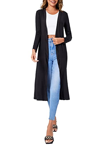 Verdusa Women's Long Sleeve Open Front Long Duster Cardigan Lightweight Outerwear Black M