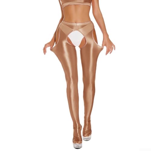 Legging skinny transparent ouvert à l'entrejambe pour femme, pantalon extensible avec brillant brillant, idéal pour une utilisation active (M café)