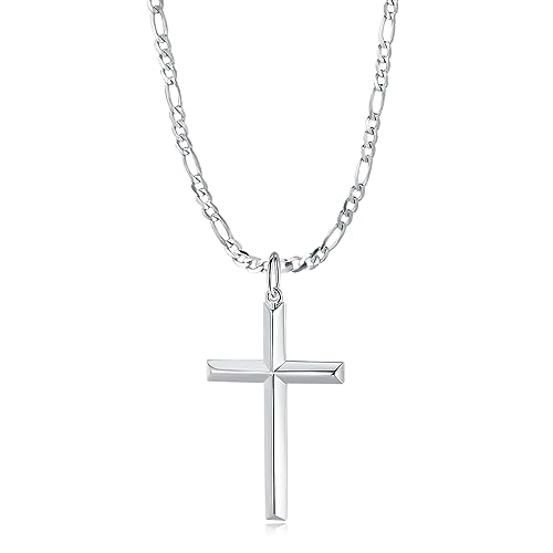 FANCIME White Gold Plated 925 Sterling Silver Cross Pendant Necklace With 4MM Figaro Solid Curb Link Chain Gifts for Him Men, 24-INCH