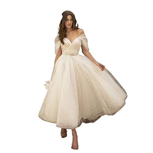 IJNHYTG Te Hace más Exquisito Bling Glittter Boho Wedding Dresses For Women Sweetheaart Point Tulle Beach Short Bridal Gowns (Color : White, Size : 6)