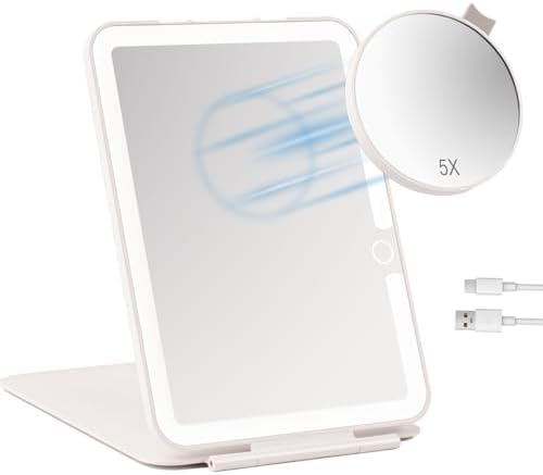 Dear girl Travel Makeup Mirror with Lights, Rechargeable Portable Lighted Mirror, 3 Color Light Dimmable Touch Screen, 1X Light up Vanity Mirror with 5X Magnifying Mirror, Travel Essential