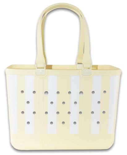 Simply Southern Large Simply Tote Bag - All Waterproof Sandproof Beach Utility - Everyday Tote (Stripe - Lemon)
