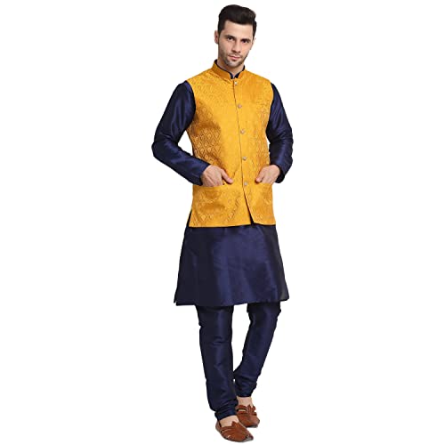 Image of KRAFT INDIA Mens Gold Silk Blend Kurta and Churidar Set With Jacquard Paisley Nehru Jacket