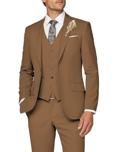 Wangyue Mens 3 Piece Slim Fit Suit Brown Suits for