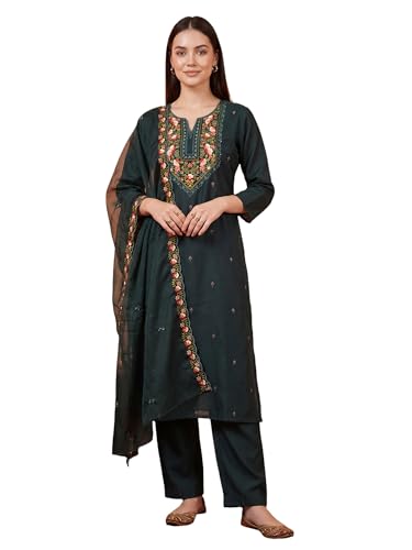 Image of INDO ERA Women's Silk Blend Floral Embroidered Thread Work Kurta & Pant with Dupatta Set