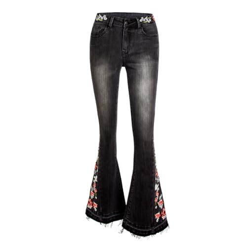 Pantalon large en jean femme brodé de fleurs élégantes en denim bleu