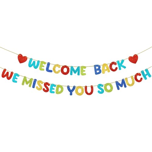 Fulmoon Pre Strung Welcome Back We Missed You So Much Banner NO DIY Glitter Welcome Home Celebration Decorations Family Gathering Back to School Military Homecoming Decoration(Colorful)