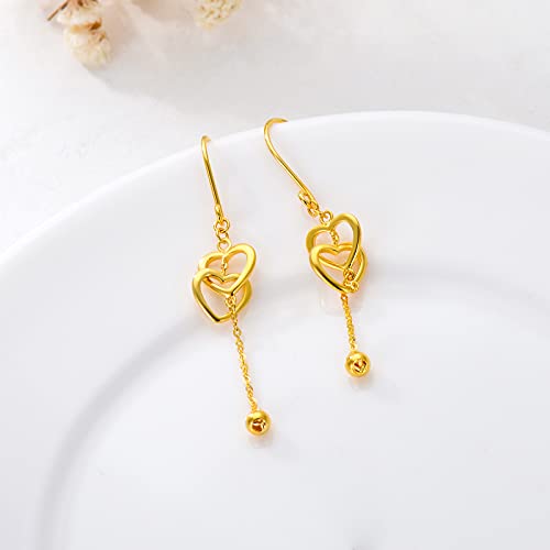 Sisgem 18K Real Gold Hearts Drop Earrings For Women,Yellow Gold Double Hearts Dangle Earrings Beads Tassel Jewelry Gifts For Anniversary Birthday Mothers Day #TOP5