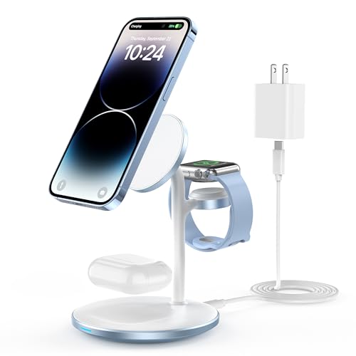 Image of XooFly 3 in 1 Magnetic Wireless Charging Station for Apple Devices,15W | Fast Charging Phone Charger Stand for Magsafe-enabled iPhone 17 16 15 14 13 12 Series, Apple Watch Ultra Airpod Pro, Blue