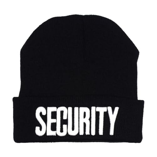 NC Mens Security Black with White Yellow Letters Long Knitted Cuffed Beanie Folded Embroidered Beanie Skull Watch Cap Hat