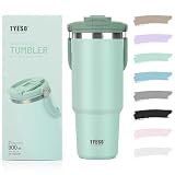 TYESO タンブラー ストロー付き 900ml 水筒 保冷保温 大容量 ステンレスボトル 蓋付き こぼれない ウォーターボトル 持ち運び 取っ手付 真空断熱 二重構造 広口 直飲み 漏れない アウトドア おしゃれ ミントグリーン KT01-01024-204