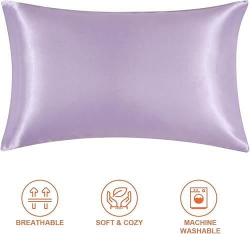 Image of Satin Pillow Covers Set of 2 - Soft & Smooth Pillowcases for Hair & Skin Care | Envelope Closure | Includes 3 Free Random Color Scrunchies | Frizz-Free Sleep Essentials (Lavender)