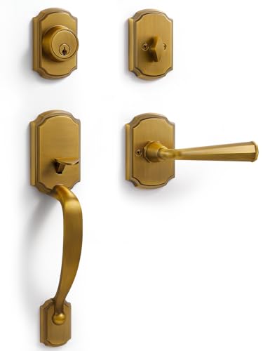 SORWDUERM 1 Pack Antique Brass Front Door Handle and Deadbolt Set Reversible Lever Entry Handleset with Lock and Key Single Cylinder