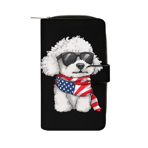 4th Of July US Flag Bichon Frise Dog Long Wallet PU Leather Credit Card Holder Durable Zippered Purse Clutch Wallet
