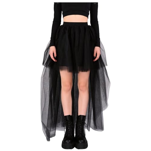 iHUFeather Women High Low Tutu Tulle Bustle Skirt Elastic Waist Dovetail Skirts for Wedding Party Performance(Black)