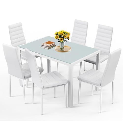 Bealife Esstisch mit 4 Stühlen Set, Esstisch und Stühle für 4 Personen, Esszimmer 6 Stühle und Tisch, Set mit Esstisch und Stühlen für Küche, Esszimmer und Wohnzimmer (Weiß, 6stühle)