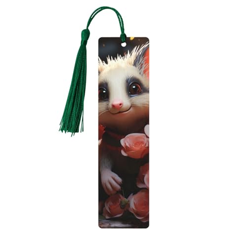 タッセル付き木製しおり ヴィンテージ木製ブックマーク 漫画オポッサムとバラ ファンシー ハンドメイド クラフトブックマーク 読書ページマーカー 木製ハンギングタグ オーナメント 本好き向け