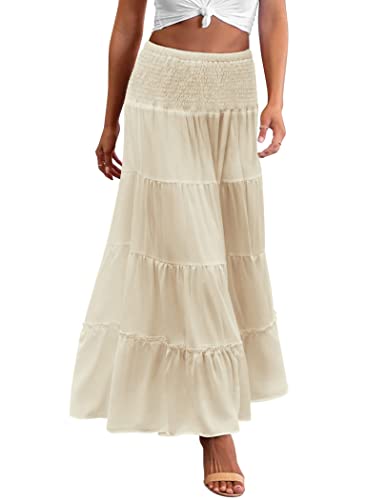 Zeagoo Women's Long Maxi Skirts Elastic Layered High Waist Boho Tiered A-Line Casual Midi Dress Beige X-Large