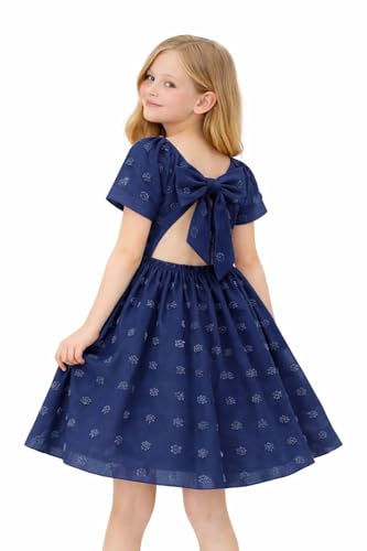 Image of HILEELANG Girls Summer Dress Bow Tie Back A-Line Party Dress for Little Big Girls Short Sleeve Dress with Lining 6-12 Years