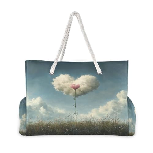 Heart Shape Cloud Beach Bag & Travel Tote Bag Large Sandproof with Zipper Closure, Wet Pouch for Swim Gym Travel, Lightweight Foldable Outdoor Bag2