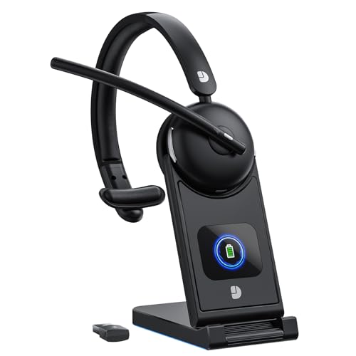 Wireless Headset with Mic for Work, Bluetooth Headphones with Microphone (Noise Cancelling) & Charging Base, Wireless Headset for Work from Home/Office/Call Center/PC/Computer/Teams/Zoom/Skype/Laptop