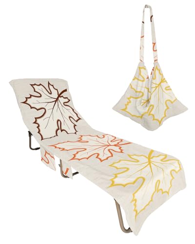 Fall Maple Leaf Beach Lounge Chair Towel Cover, Soft Chaise Lounge Towel with Side Pockets Patio Pool Chairs Cover for Beach/Pool Sunbathing 29x85 Thanksgiving Botanical Rustic Burlap