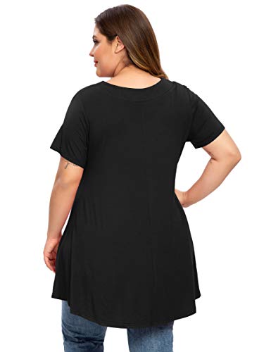Monnuro Womens Plus Size Short Sleeve V Neck Button Basic Tunic Tops Summer Swing Shirts Blouses For Leggings(Black,3X) #TOP3
