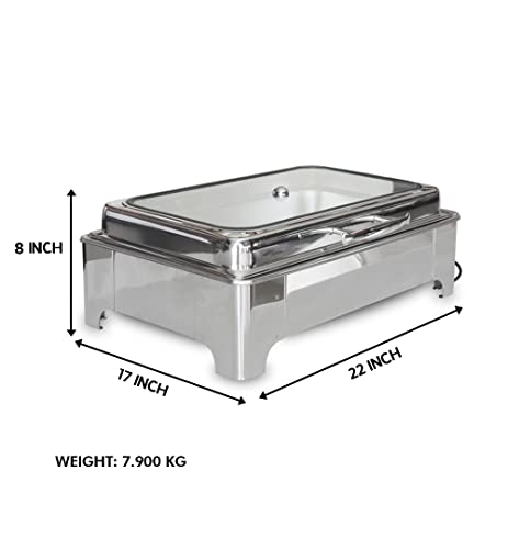 Image of Malabar Stainless Steel Electric Chafing Dish with Transparent Lid, Rectangular Chafing Dish Set with Hydraulic Lid, Mirror Finished Buffet Food Warmer (Electric, 9 LTR)
