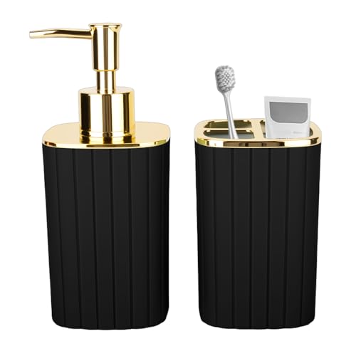 2PCS Bathroom Accessories Set Black and Gold Bathroom Accessories Include Soap Dispenser and Toothbrush Holder for Boho Bathroom Decor