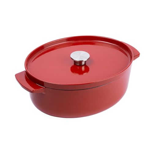 KitchenAid Cast Iron Cocotte en Fonte Émaillée avec Couvercle, Ø 30cm, Ovale, 5,6L, 6,3kg, Haute Qualité & Durable, Saisir, Frire, Sans PFAS, Induction,Poignée Ergonomique,Au four à 260°C,Rouge Empire