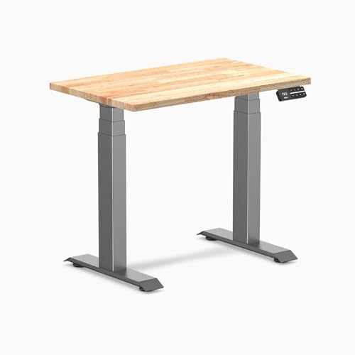 Image of Desky Small Electric Standing Desk, 32 x 20 inches Rubberwood Height Adjustable Sit Stand Desk with Dual Motor and Memory Presets, Compact Home Office Workstation - Natural Wood Top